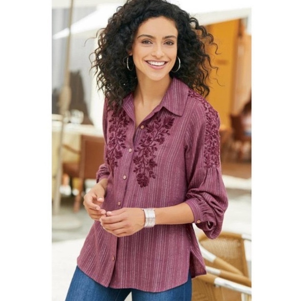 Soft Surroundings Peralta Embroidered Button Down Blouse Top Plum Berry 2X